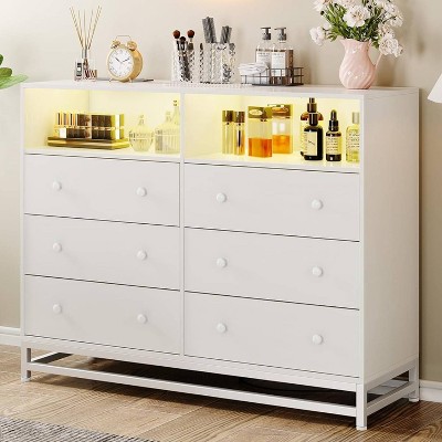 Zstar 47.2 In 6 Drawer Dresser for Bedroom with LED Lights & Charging Station, White