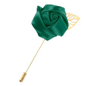 Unique Bargains Wedding Groom Suit Ribbon Rose Flower Lapel Pin with Gold Leaf 1 Pc - 1 of 4