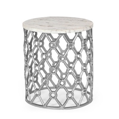 Lenhart Modern Glam Handcrafted Marble Top Aluminum Side Table Nickel/White - Christopher Knight Home: No Assembly, Sturdy
