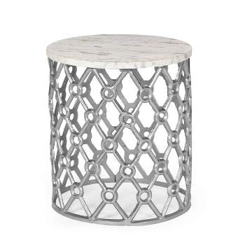 Lenhart Modern Glam Handcrafted Marble Top Aluminum Side Table Nickel/White - Christopher Knight Home