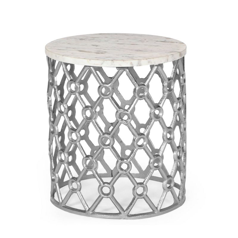 Lenhart Modern Glam Handcrafted Marble Top Aluminum Side Table Nickel/White - Christopher Knight Home, 1 of 8