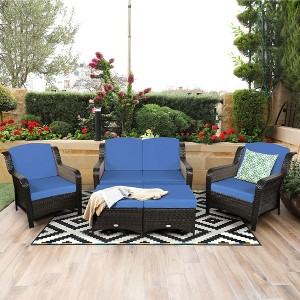 Costway 5PCS Patio Rattan Furniture Set Loveseat Sofa Ottoman W/Red\White Cushion - 1 of 4