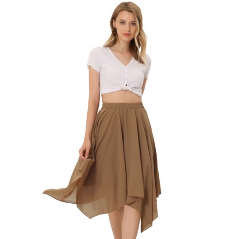 Allegra K Women's Elastic Waist Chiffon Handkerchief Hem Midi Skirt Camel  X-Small