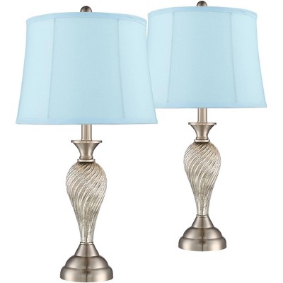 Regency Hill Modern Contemporary Table Lamps Set of 2 Mercury Glass Brushed Nickel Blue Softback Shade Living Room Bedroom House