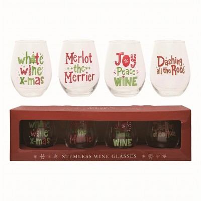 Transpac Glass Clear Christmas 18oz Stemless Wine Glasses Set of 4
