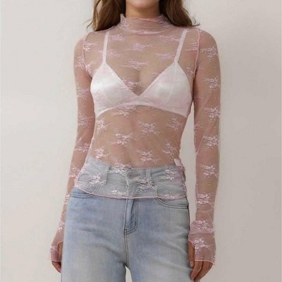 Women’s Floral Lace Slim-Fit Top – Sheer Stretch Tee with Baby Overlock Edge, Sexy & Versatile Cherie Code