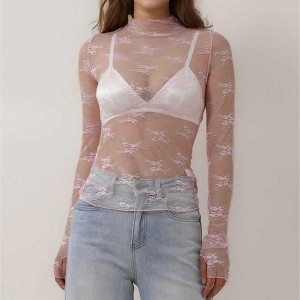 Women’s Floral Lace Slim-Fit Top – Sheer Stretch Tee with Baby Overlock Edge, Versatile Cherie Code - 1 of 4