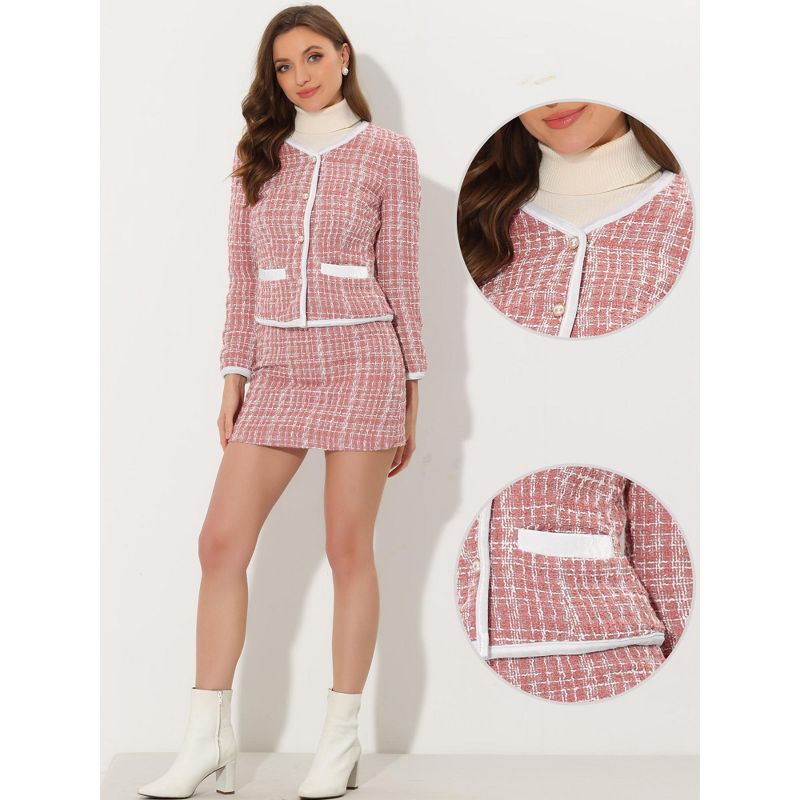 Allegra K Women's Outfits Plaid Tweed Short Blazer and Skirt Suit Set 2 Pieces, 2 of 5