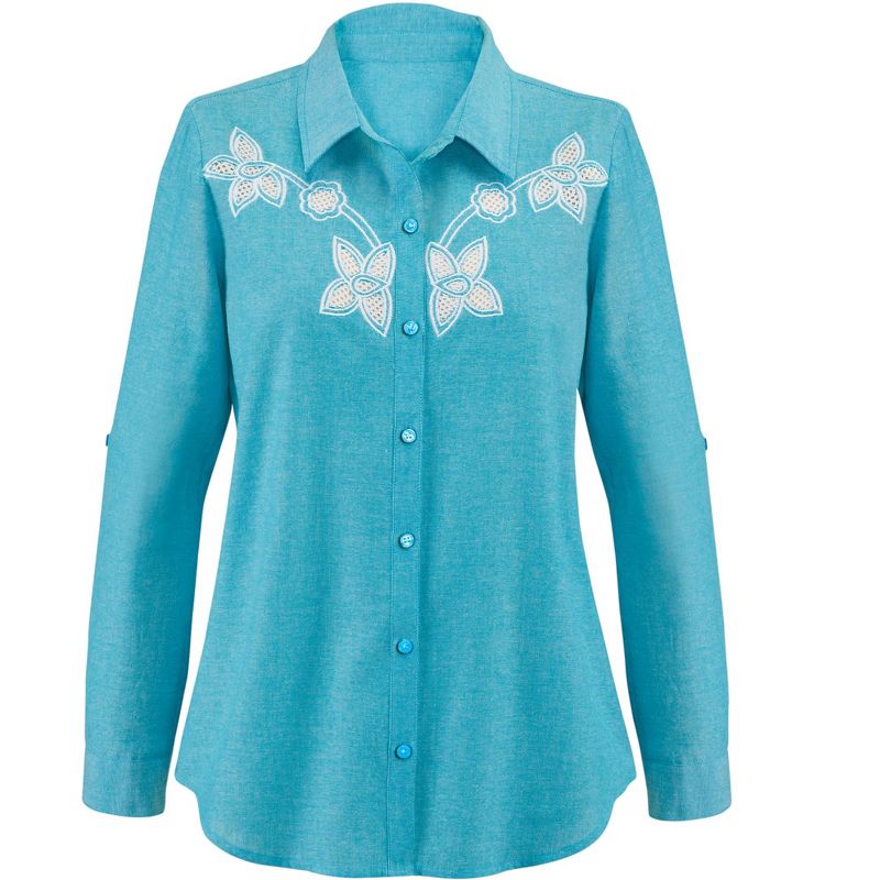 Collections Etc Beautiful Floral Embroidered Eyelet Trimmed Roll-Tab Sleeves Shirt, 3 of 6