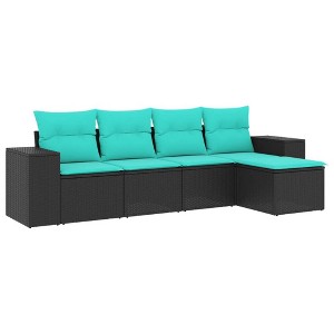 vidaXL 5 Piece Patio Sofa Set with Cushions Black Poly Rattan - Black and Blue Without Table - 1 of 4