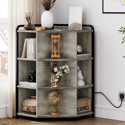 Corner Cabinet with Charging Station, 3-Tier Triangle Shelf with USB & Outlets, 9-Cube Organizer, Grey