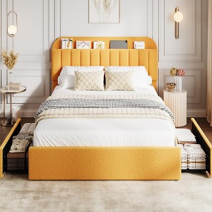 Full Bed Frame with Storage Headboard, Girls Bed Frame with 2 Drawers, Boucle Upholstered Platform Bed with Bookcase, No Box Spring Needed - 1 of 4