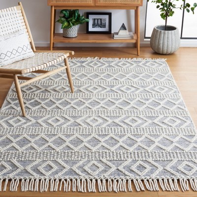 Ivory and Blue Hand-Knotted Wool and Cotton Rug, 4' x 6'