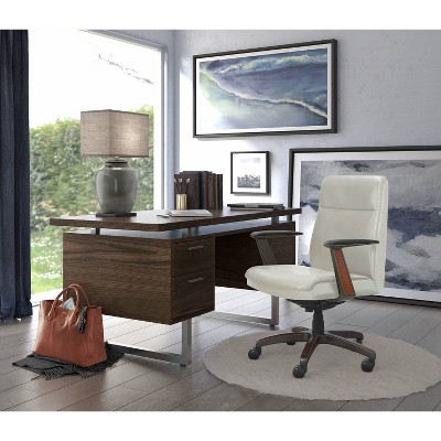 White Leather and Wood Swivel Executive Office Chair with Lumbar Support