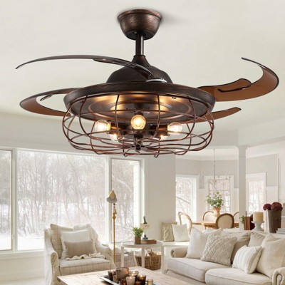 Ludomide 48" Retractable Caged Ceiling Fan with Lights, Reverse Industrial Rusty Fandelier with Remote Control for Living Room, Dining Room, Bedroom