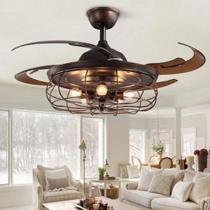 Ludomide 48" Retractable Caged Ceiling Fan with Lights, Reverse Industrial Rusty Fandelier with Remote Control for Living Room, Dining Room, Bedroom - 1 of 4
