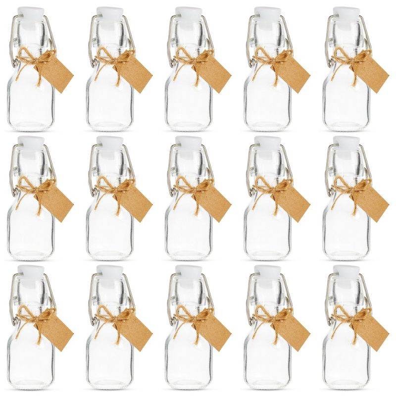Blue Panda 15 Pack Small Swing Top Glass Bottles with Lids, 2 oz/ 60 ml with Tags and Jute Twine for Wedding Party Favors, 1 of 9