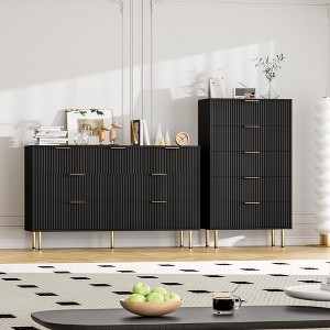 Fluted Wood Dresser 5 Drawers Dresser for Bedroom, Modern Chest of Drawers, Tall Brown Dresser with Faux Marble Top - 1 of 4