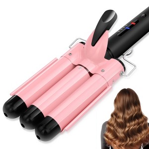 YEVYO 3 Barrel Curling Iron Hair Crimper, Dual Voltage Ceramic Tourmaline Three Barrels Hair Waver - 1-inch Curler Wand - Pink - 1 of 4