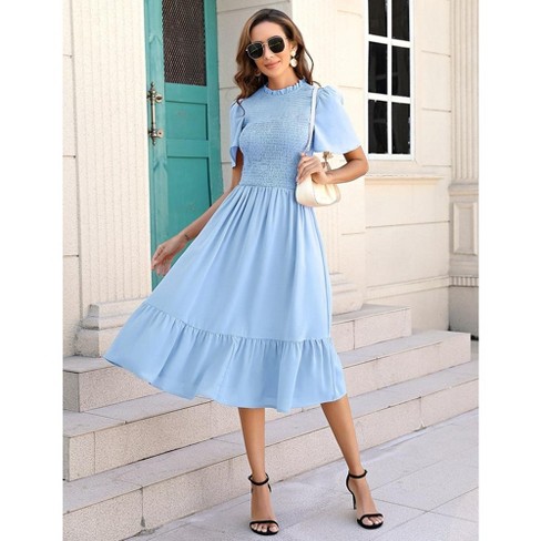 Whizmax Women s 2024 Summer Casual Short Sleeve Smocked Ruffle Midi Dress Crewneck High Waist Flowy Dress Blue 2xl Target