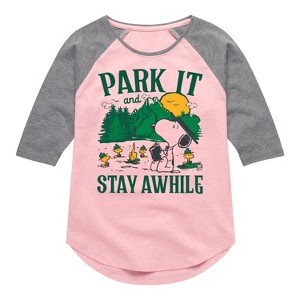 Girls' - Peanuts - Park It And Stay Awhile Shirt Tail Raglan Graphic T-shirt - 1 of 4