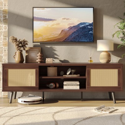 Bestier Mid-century Modern Tv Stand For 70" Tv ,media Console With Natural Rattan Sliding Door