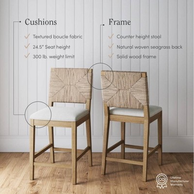 Beacon Bohemian Seagrass and Boucle Counter Height Bar Stools, Set of 2
