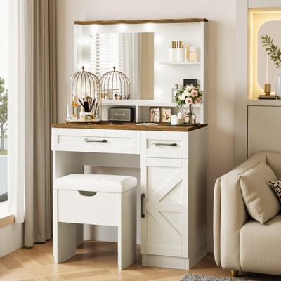 FONTOI 31.5"W Makeup Vanity Desk with Mirror and Side Cabinet Adjustable Shelves and Stool for Bedroom Dressing Room, White, 31.5"*15.7"*53.1"