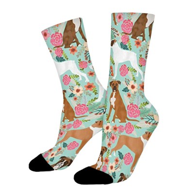 Boxer Dog Flowers Florals Mint Cute Flowers Women Printed Crew Socks Funny Funky Socks Soft Polyester Novelty Gifts for Artists Men