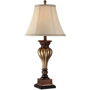 Regency Hill Rustic Traditional Vintage Table Lamp 30" Tall with USB Dimmer Cord Gold Tan Fabric Bell Shade for Bedroom Living Room House Bedside Home - 1 of 4