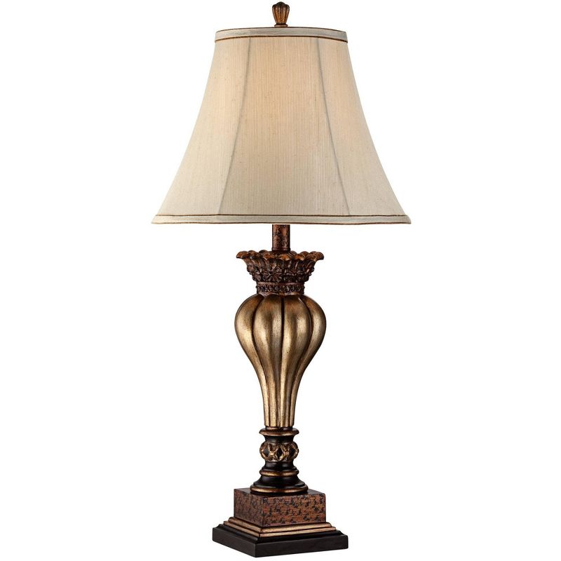 Regency Hill Rustic Traditional Vintage Table Lamp 30" Tall with USB Dimmer Cord Gold Tan Fabric Bell Shade for Bedroom Living Room House Bedside Home, 1 of 10