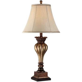 Regency Hill Rustic Traditional Vintage Table Lamp 30" Tall with USB Dimmer Cord Gold Tan Fabric Bell Shade for Bedroom Living Room House Bedside Home