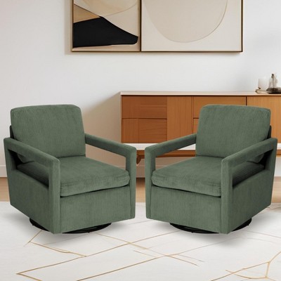 Living Room Chairs Set of 2 - Mid Century Modern Chair with Track Arms, 360° Swivel Barrel Chair Comfy Upholstered Single Sofa Chair