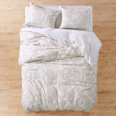 Twin Cream and Taupe Cotton Floral Bedspread Cover Set