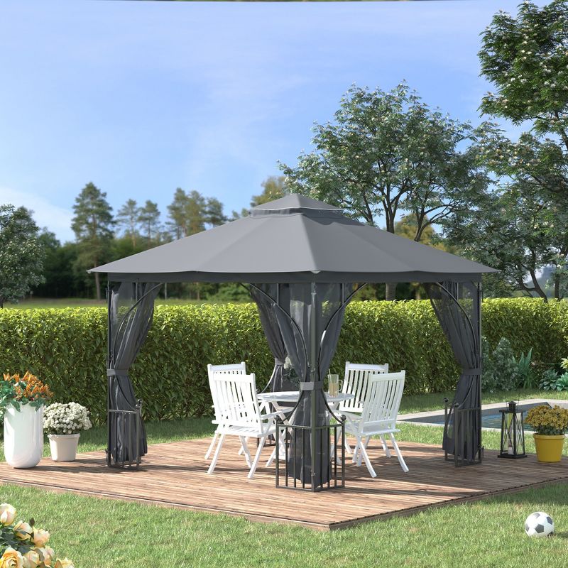 Outsunny 10' x 10' Patio Gazebo Canopy Outdoor Pavilion with Mesh Netting SideWalls, 2-Tier Polyester Roof, & Steel Frame, 3 of 7