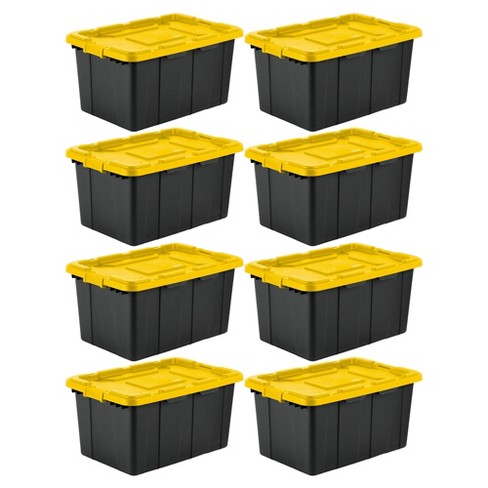 Plastic Heavy Duty Storage Tote Box, 23 Gallon, Black With Yellow Snap Lid,  Stackable, 4-Pack 