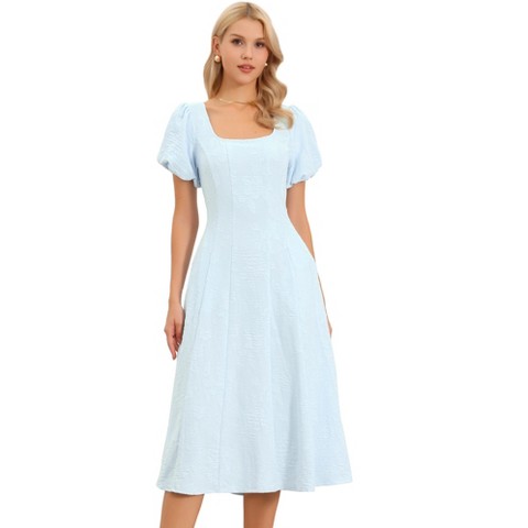 Женские платья INSPIRE CHIC Women's Summer Square Neck Short Puff Sleeve Casual Midi A Line Jacquard Floral Dresses Large Blue