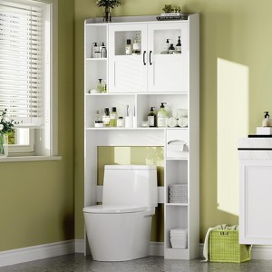 Orieon 67" Over Toilet Storage Cabinet, Freestanding Bathroom Shelf Organizer with Adjustable Shelves & Glass Doors. - 1 of 4