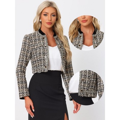 INSPIRE CHIC Women's Double Breasted Open Front Elegant Plaid Tweed Crop Blazer Light Khaki Medium — фото 2