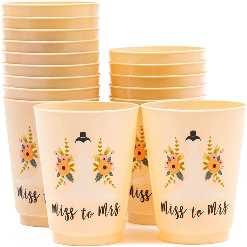 Plastic Party Cups for Bachelorette Party and Bridal Shower, Miss to Mrs. (16 Pack), 1 of 6