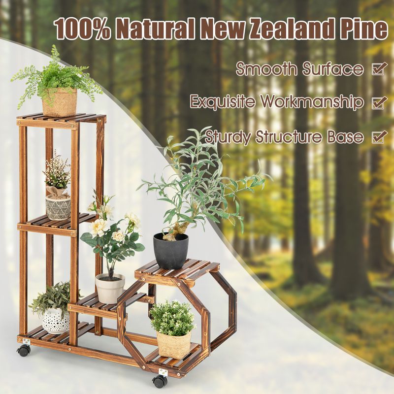 Tangkula 6 Tier 6 Potted Plant Stand Rack 100% Pine Wood Flower Pot Holder Shelf Multi-Layer Flower Stand with Wheels, 4 of 10