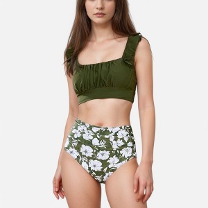 Anna-Kaci Swim Women's Ruffle Bikini Top with Ruched Bust Detail and High Waist Leaf Print Bottom Swimsuit Set - 1 of 4