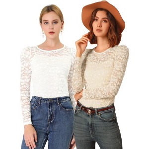 INSPIRE CHIC Women's Vintage Semi-Sheer Puff Long Sleeve Embroidery Lace Floral Blouse 2 Packs - 1 of 4