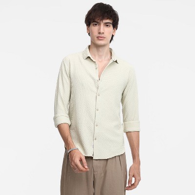Campus Sutra Men Men's Butter Yellow Micro Cubic-Textured Shirt