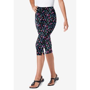 Woman Within Petite Stretch-Cotton Knit Pull-On Printed Capri Leggings - 1 of 4