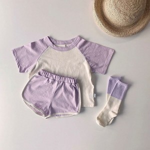 MyKids-USA Baby Boys And Girls Color Patchwork Design Round Neck Short-Sleeved Top Combo Shorts Summer Cotton Sets - 1 of 4