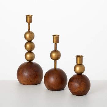 Sullivans 10.25", 7.75" & 5.5" Gold & Wood Orb Candle Holders Set of 3