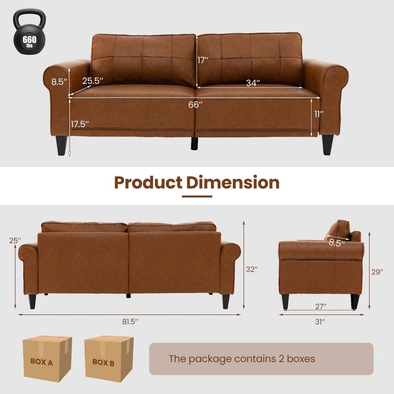 Costway Modern Sofa Couch PU Leather 81.5'' 3-Seater with 2 Back Pillows & 5 Wooden Legs, 3 of 11