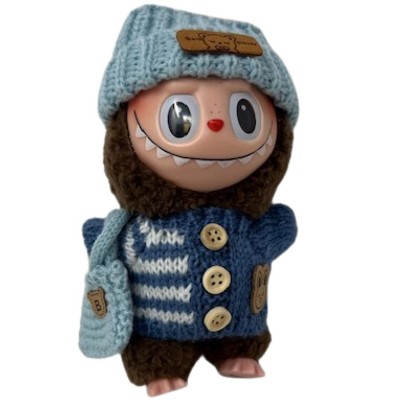 Doll Clothes Superstore Blue Knit Sweater with Light Blue Hat and Bag for 17.5 cm Labubu Dolls