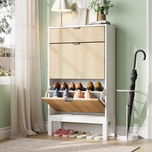 Fluted Shoe Cabinet with 2 Flip Doors & 1 Drawer, Slim Freestanding Organizer with Iron Legs, Hidden Shoe Storage for Hallway - 1 of 4